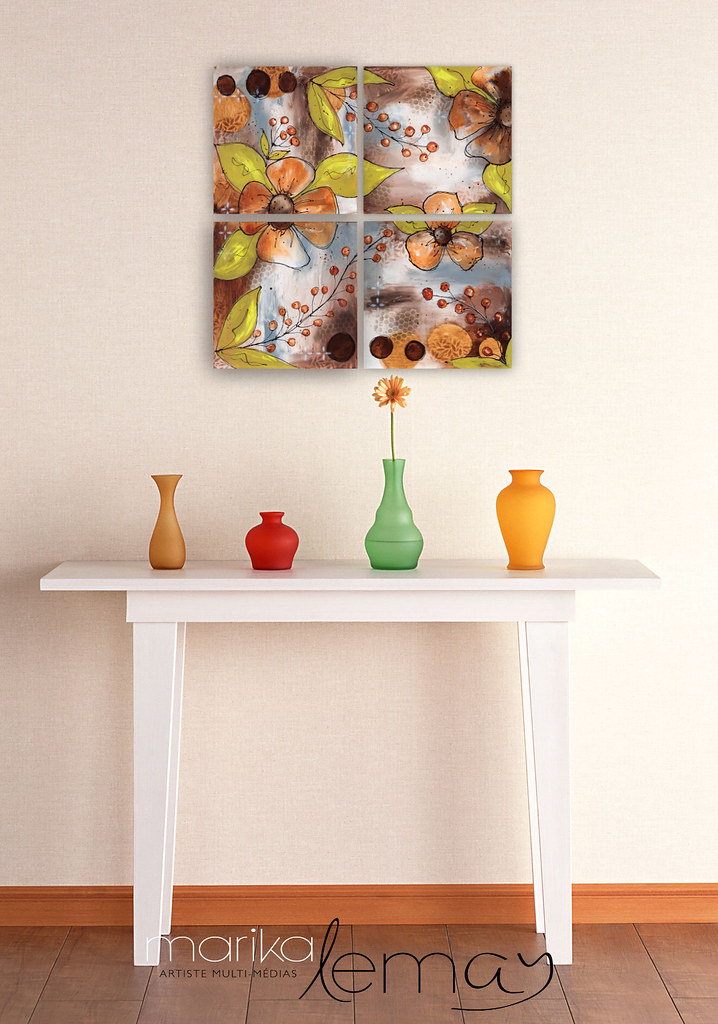 Fleurs-oranges-quadryptique-16x16-acrylique-sur-bois