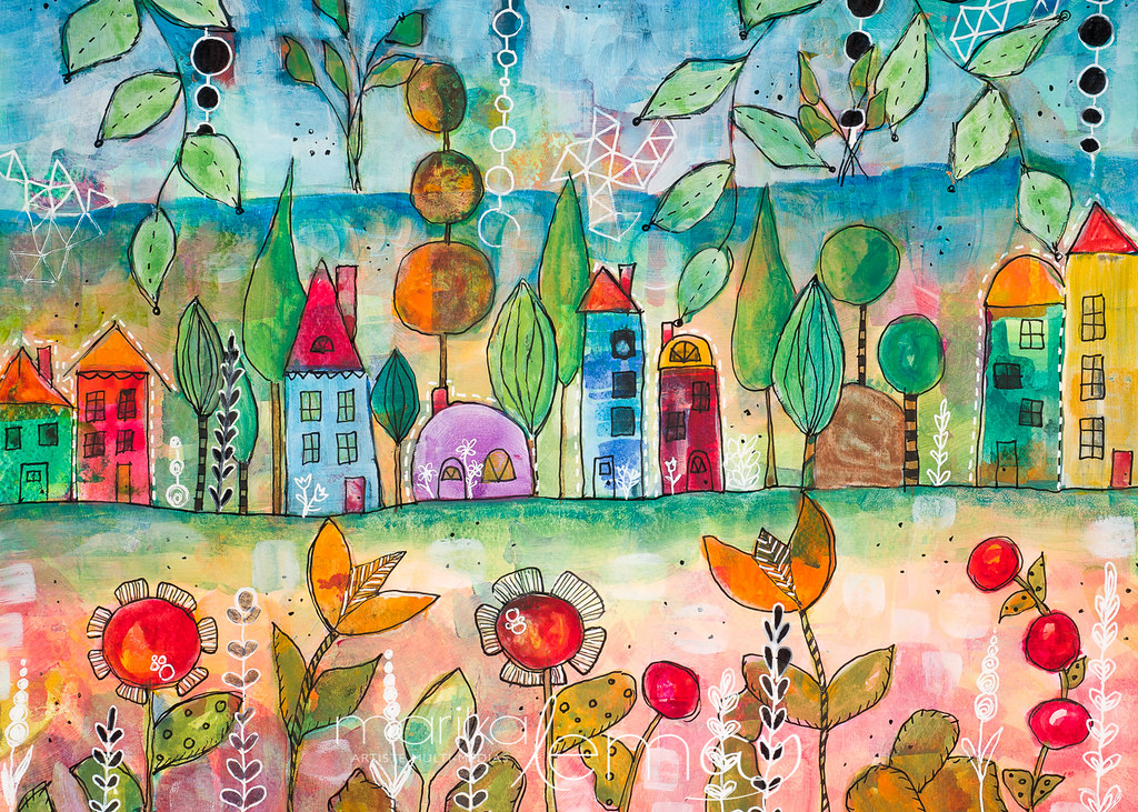 Le village enchanté 2-techniques-mixtes-sur-papier-aquarelle-11x14